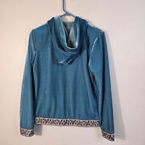 Tracy Porter Hooded Jacket Women's S Teal Blue Floral Ribbon Trim Polished Boho - Picture 2 of 10
